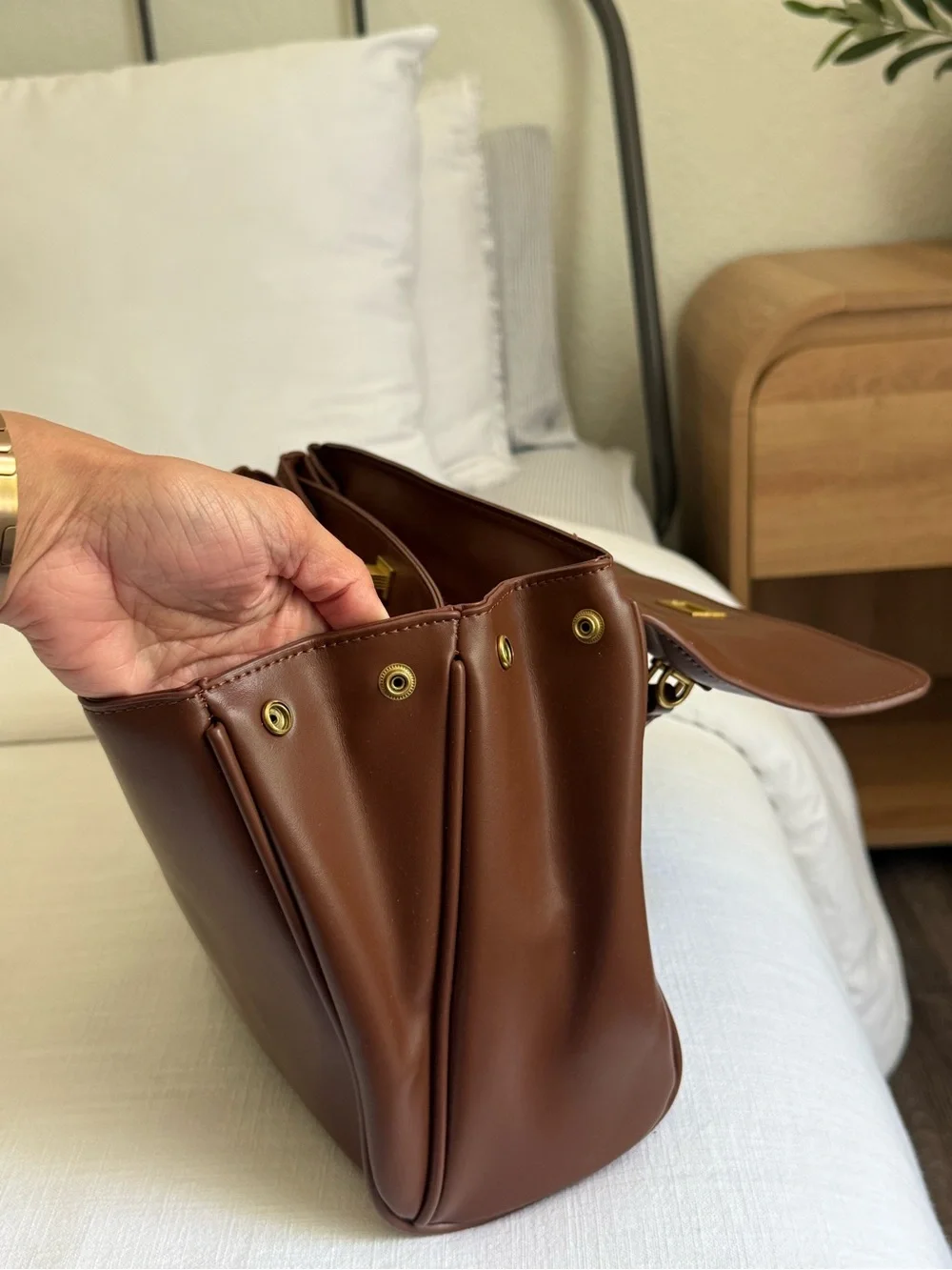 Chocolate Brown Expandable Shoulder Bag w/ Charms & Gold Hardware
